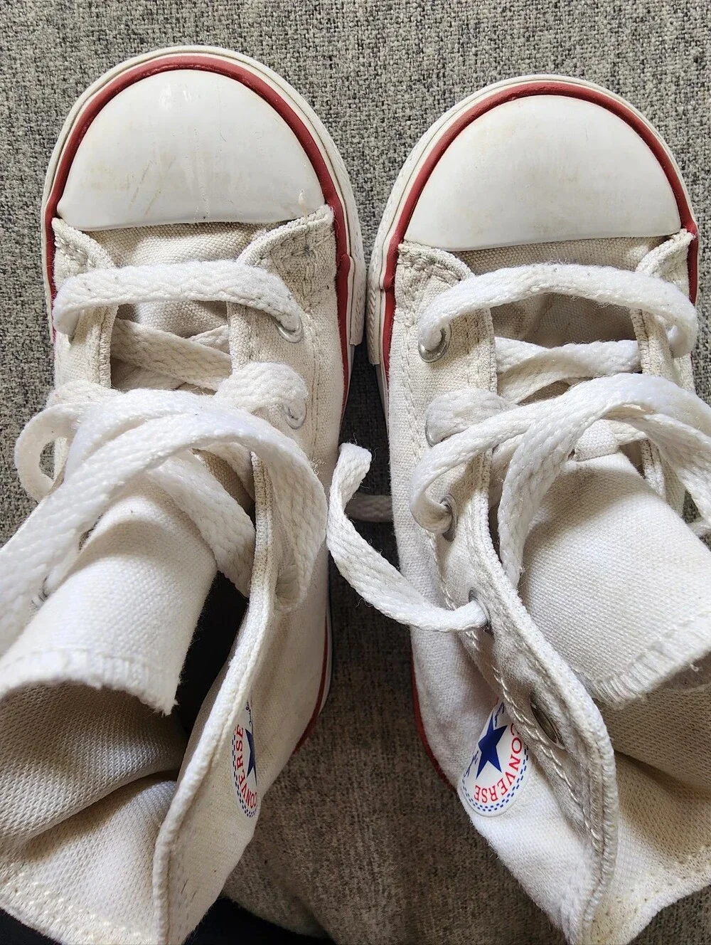 Toddler Converse White High Top Sneakers with Red & Blue Trim